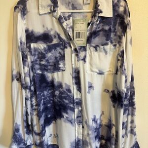Purplish blue and White Tie-Dye button up long shirt